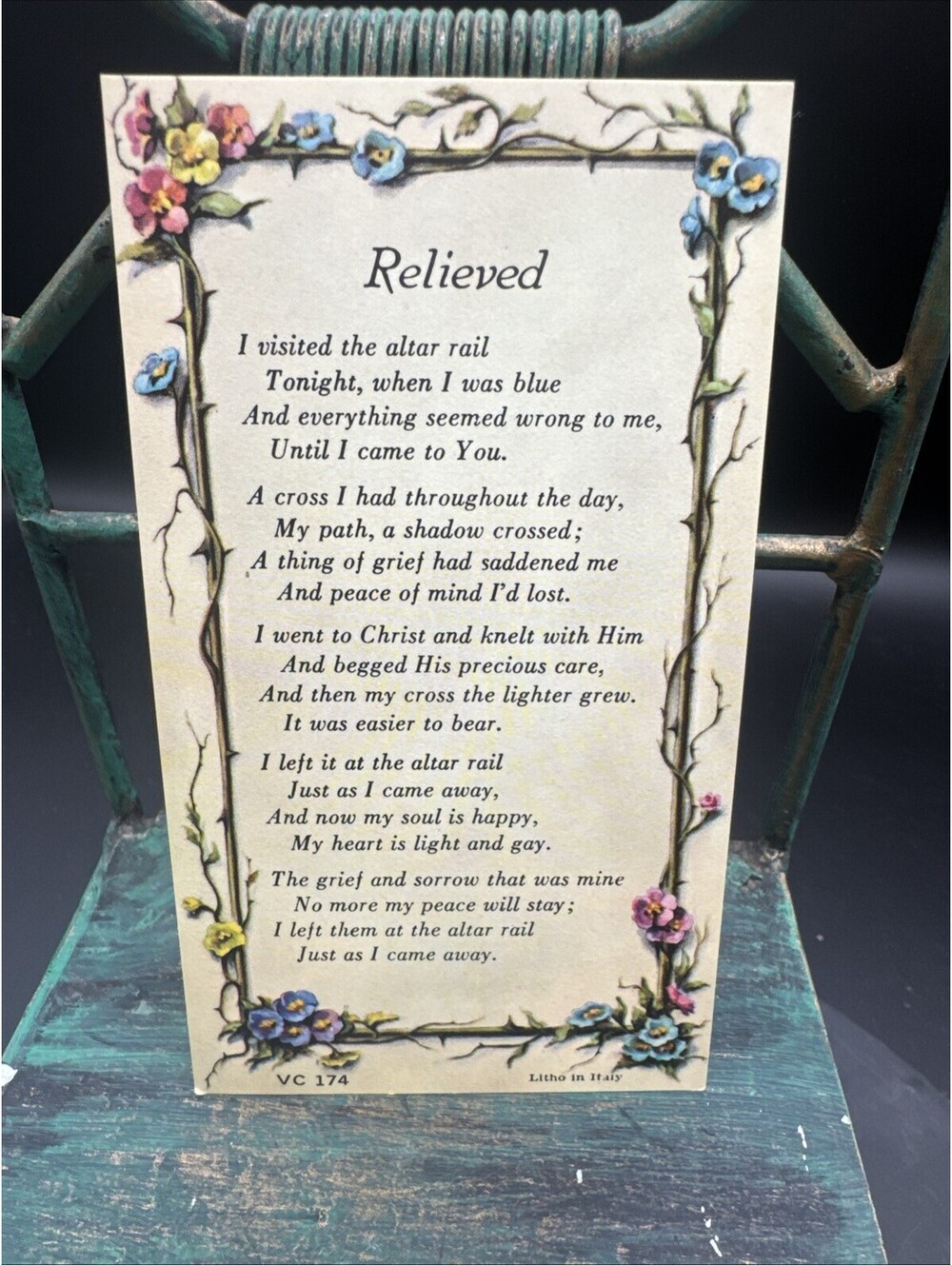VTG New Holy Card Prayer Poem Sympathy Relieved VC 174 Litho Italy HTF RARE